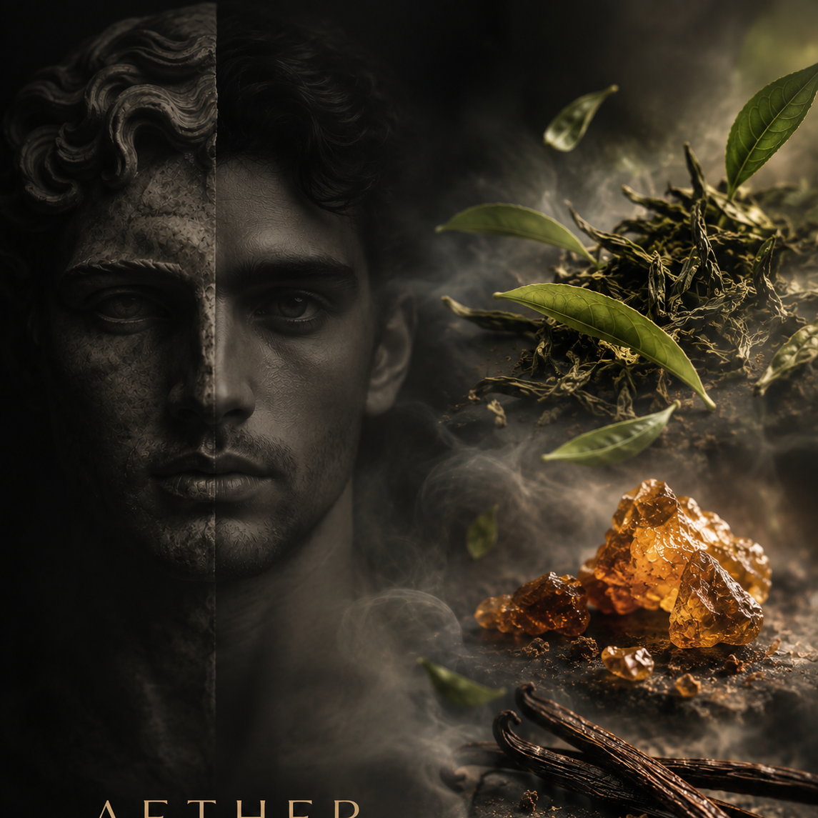 Sfeerbeeld Aether: gezicht van een man met groene thee en amber