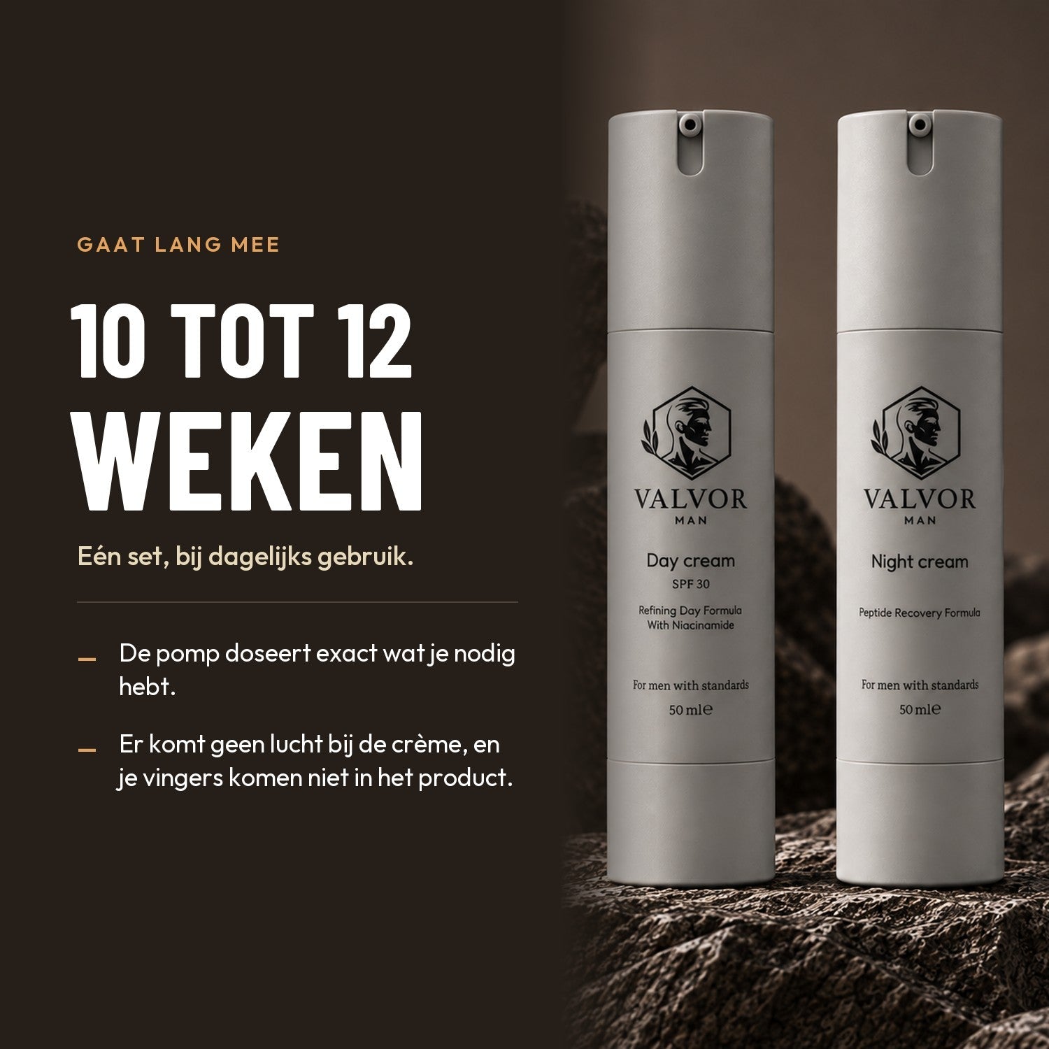Een set gaat bij dagelijks gebruik 10 tot 12 weken mee; de pomp doseert exact